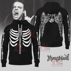 Black hoodie with skeleton ribcage front design and winged skull artwork on the back!