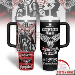 Two rock themed tumblers decorated with winged skull graphics bold text and band imagery.