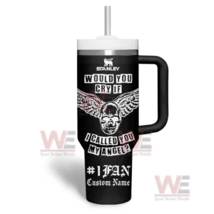 A black tumbler with a winged skull graphic and bold stylized lettering.