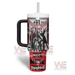 A red and black tumbler decorated with a band photo winged skull artwork and themed lettering.