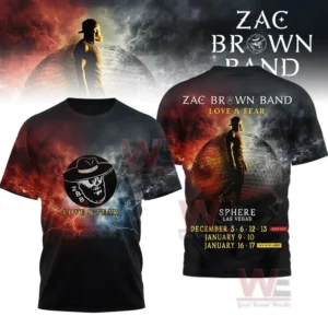 A concert themed shirt with a storm cloud background a skull logo on the front and a figure standing before a dome on the back.