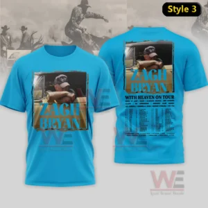 Blue music tour shirt with artist image and tour dates displayed in front and back view!