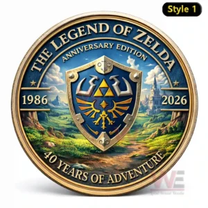 Anniversary coin with the Hylian Shield in the center over a fantasy landscape with mountains and a castle and text marking 1986 to 2026 and Forty Years of Adventure!