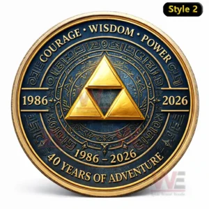 Zelda 40th Anniversary Commemorative Coin 3 Commemorative coin featuring a raised golden Triforce emblem with decorative runes and text Courage Wisdom Power and 1986 2026 Forty Years of Adventure!