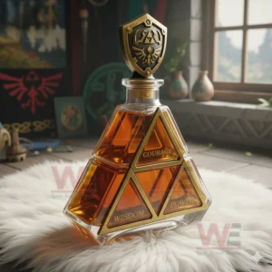 Triangular fantasy style glass bottle with amber liquid and gold symbols displayed on a white fur surface in a themed room!