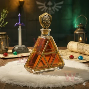Zelda Triforce Whiskey Bottle 3 Triangular amber glass bottle with gold details shown on a table with sword lantern scroll and gems in a fantasy setting!