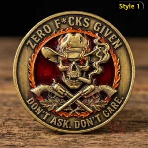 Metal coin with flaming cowboy skull crossed pistols and bold rebellious text.
