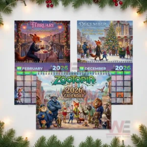 Zootopia calendar pages for February and December showing animated animal characters enjoying a romantic evening and a joyful winter holiday gathering in a detailed city setting!