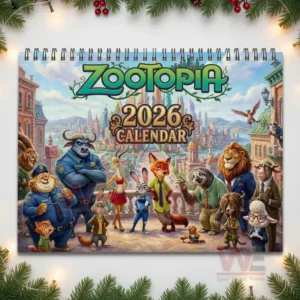 Zootopia 2 2026 Wall hanging Calendar 6 Zootopia twenty twenty six calendar cover with animated animal characters standing together in a colorful city background designed for a wall hanging format!