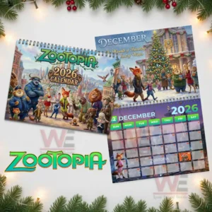 Zootopia 2 2026 Wall hanging Calendar 7 Zootopia December calendar page featuring animated animal characters in winter clothing celebrating the holiday season in a decorated city square!