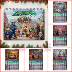 Zootopia 2 2026 Wall hanging Calendar 8 Zootopia wall calendar overview with multiple monthly pages visible highlighting seasonal artwork and animated animal characters across the year!