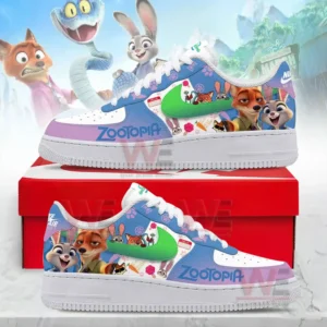 Cartoon inspired low top sneakers with multicolor panels white laces animated animal artwork and a white rubber sole displayed on a red box!