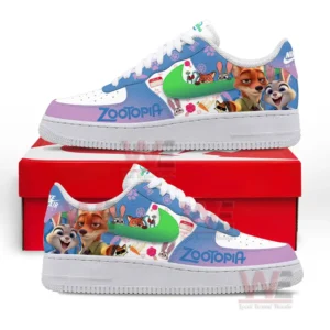 Zootopia 2 Limited Edition Air Force 1 Shoes 4 Side angle view of a cartoon themed sneaker with animal illustrations pastel blue purple green colors and a white sole on a red box!