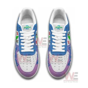 Zootopia 2 Limited Edition Air Force 1 Shoes 5 Top view of a pair of cartoon inspired sneakers with pastel blue and purple tones white laces perforated toes and detailed character artwork!