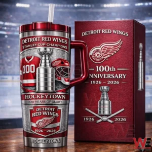 Red and silver Detroit Red Wings 100th anniversary insulated tumbler with handle and straw next to a matching gift box in a hockey arena!