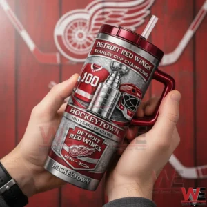Detroit Red Wings 100th Anniversary Stanley Cup Champions Hockeytown Tumbler 3 Hands holding a Detroit Red Wings 100th anniversary Hockeytown insulated tumbler with handle and straw in front of a red team logo background!