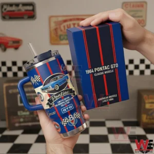 Blue handled Pontiac GTO themed insulated tumbler with straw next to matching 1964 Pontiac GTO gift box.
