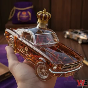 A hand holding a Crown Royal whisky bottle shaped like a classic car with transparent glass amber liquid inside and a gold crown stopper on top!