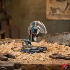 Miniature blue miter saw keychain on a workshop table next to a green digital caliper and a tray of hardware!