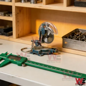 Miniature blue miter saw keychain on a workshop table next to a green digital caliper and a tray of hardware!