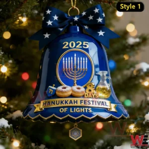 Deep blue bell ornament with star bow and 2025 Hanukkah Festival Of Lights design hanging on a Christmas tree.