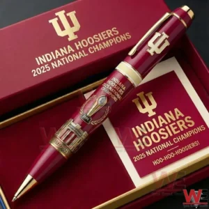 A red and gold Indiana Hoosiers championship pen resting inside a decorative gift box with bold branding and commemorative design!