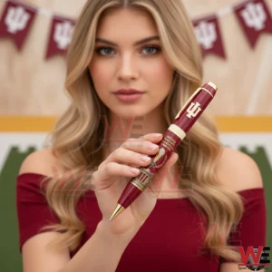 A woman presenting an Indiana Hoosiers championship pen with detailed gold accents and a celebratory background!