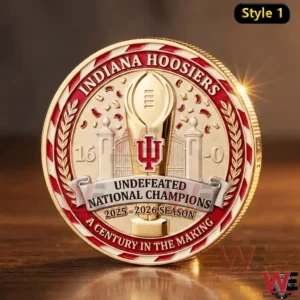 Indiana Hoosiers undefeated national champions commemorative coin featuring a trophy emblem and decorative red and gold border!
