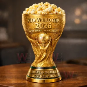 Gold FIFA World Cup 2026 trophy shaped popcorn bucket filled with popcorn on a wooden table.