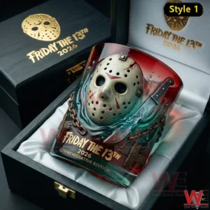 Luxury commemorative whiskey glass with a horror mask design presented in a black wooden box labeled Friday the 13th 2026!