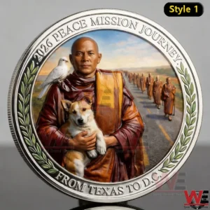 A silver commemorative coin illustration with a monk holding a dog a white dove nearby and a peaceful procession of monks walking along a road in the background!