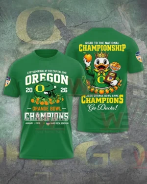 Green Oregon Ducks Orange Bowl Champions 2026 t shirt mockup showing front design with Oregon text helmet and oranges and back design with Duck mascot holding orange and trophy and championship celebration text!