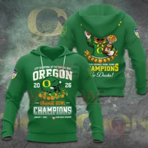Green Oregon Ducks Orange Bowl Champions 2026 hoodie mockup showing front Oregon helmet and oranges design and back Duck mascot with orange and trophy and Road to the National Championship text!