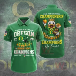 Green Oregon Ducks Orange Bowl Champions 2026 polo shirt mockup showing collared front with Oregon helmet oranges and champions text and back with Duck mascot holding orange and trophy and championship celebration lettering!