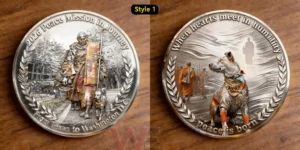 Commemorative peace mission coin with monk and dog walking forward surrounded by laurel leaves and engraved text about a journey for peace in 2026!