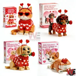 A set of Valentine themed brick animal figures with heart decorations colorful outfits and product boxes arranged on a clean white background!