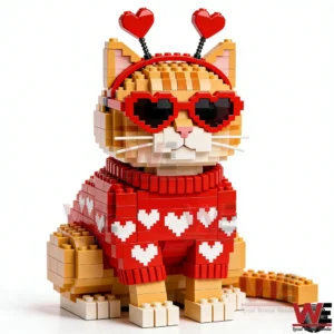 Ginger cat building brick figure with heart glasses red sweater and decorative antenna standing on a white surface!