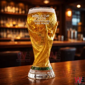 Golden beer glass shaped like a football trophy on a bar counter!