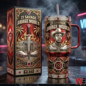 Luxury insulated tumbler with Savage Mode II inspired artwork and matching box!