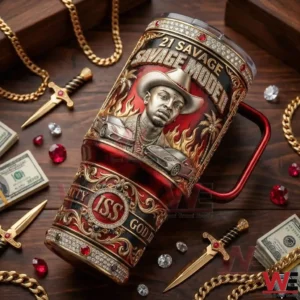 Savage Mode II inspired insulated tumbler displayed with luxury accessories!