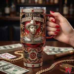 Hand holding a Savage Mode II inspired insulated tumbler in a bar setting!