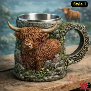 Resin mug with a three dimensional highland cow design stone texture handle and stainless steel inner cup!