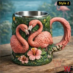 Resin mug with two pink flamingos floral patterns green leaves curved handle and metal inner cup!