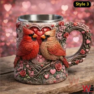 Resin mug with two birds heart decorations rose details textured surface and stainless steel lining!