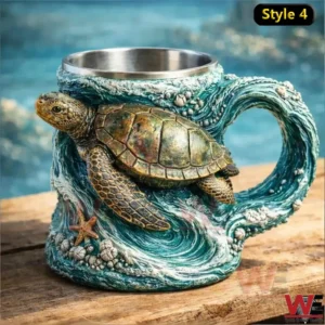 Resin mug with three dimensional sea turtle ocean wave design curved handle and metal inner lining!