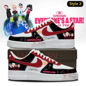 5 Seconds of Summer EVERYONE'S A STAR Signature Air Force 1 Shoes 5 Two custom sneakers in white red and black with black toe panel red swoosh and 5 Seconds Of Summer portraits plus Everyone s A Star text shown on a shoe box background!