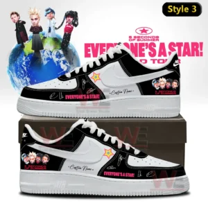 5 Seconds of Summer EVERYONE'S A STAR Signature Air Force 1 Shoes 6 Two custom low top sneakers in black and white with 5 Seconds Of Summer graphics star patch and Everyone s A Star text displayed on a shoebox with a band themed backdrop!