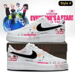 5 Seconds of Summer EVERYONE'S A STAR Signature Air Force 1 Shoes 7 Two white custom sneakers with black swoosh and 5 Seconds Of Summer portraits plus Everyone s A Star text displayed on a shoe box with a band themed background!
