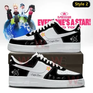 5 Seconds of Summer EVERYONE'S A STAR! World Tour Air Force 1 Shoes 5 Nike Air Force one low top sneaker in black and white with signature markings custom name text and star emblem on a shoebox with concert poster backdrop