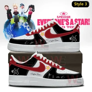 5 Seconds of Summer EVERYONE'S A STAR! World Tour Air Force 1 Shoes 6 Red black and white Nike Air Force one sneaker with red swoosh star patch and signature style graphics displayed on a shoebox with world tour poster background